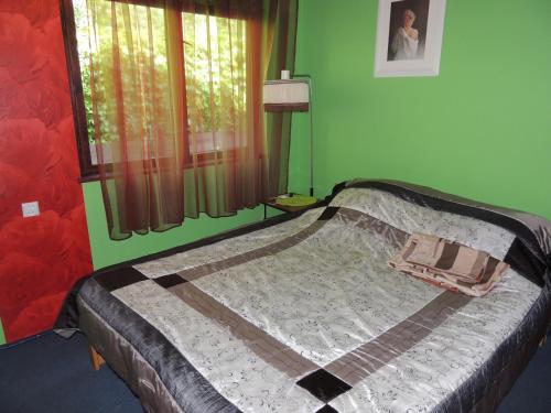 a bed in a room with green walls and a window at Domek letniskowy nad jeziorem Dadaj na Mazurach in Biskupiec