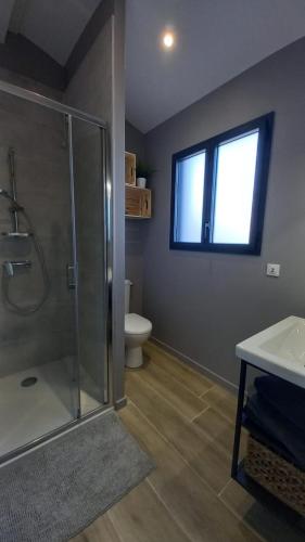 une salle de bain avec une douche en verre et des toilettes dans l'établissement Anglet : Studio avec Terrasse à 3 kms des plages, à Anglet