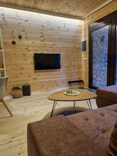 a living room with a wooden wall with a tv at OLEA COTTAGE in Ulcinj