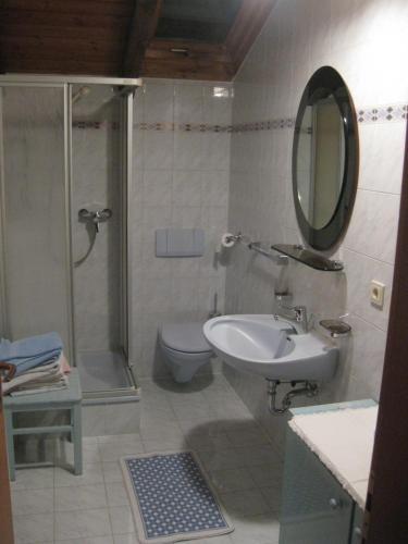 a bathroom with a shower and a sink and a toilet at Haus Belluti Graun in Cortaccia