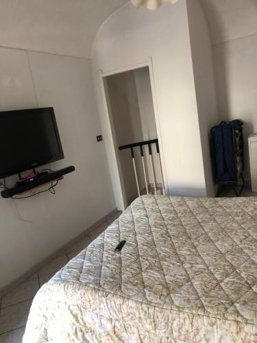 Schlafzimmer mit einem Bett und einem Flachbild-TV in der Unterkunft Cannarsa in San Giacomo degli Schiavoni