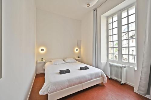a white bedroom with a large white bed with two pillows at Au Roi RENE - AC CLIM - WIFI in Avignon