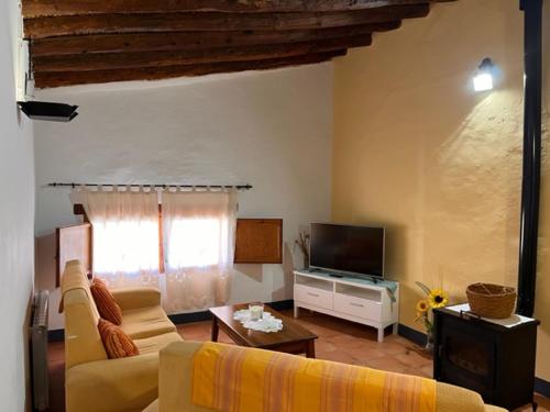 a living room with a couch and a tv at Casa rural La Boticaria in Villar del Arzobispo