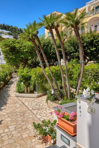 a garden with palm trees and flowers on a sidewalk at Villa Giardini Luxury Room in Capri