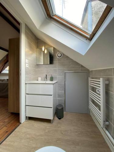 La salle de bains est pourvue d'un lavabo et d'une lucarne. dans l'établissement Le Bali Appart' T1 au centre du Mans, au Mans