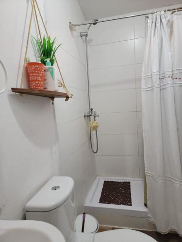 uma casa de banho com um WC branco e um chuveiro em Hostal Pura Vida em Santiago