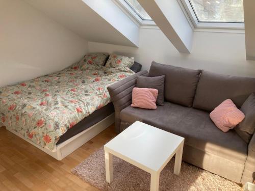 een woonkamer met een bank en een bed bij Homestay Free Park&Bikes in Ljubljana
