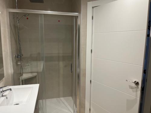 una ducha con una puerta de cristal junto a un lavabo en Salgeta Reformado amplio y acogedor con wifi, en Barakaldo