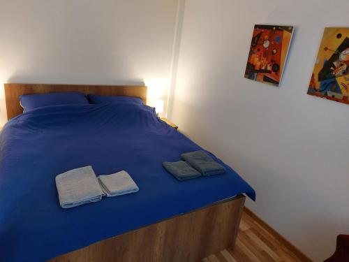 Una cama con sábanas azules y dos toallas. en Centar Crnjanski en Jagodina