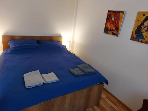 a bed with blue sheets and two towels on it at Centar Crnjanski in Jagodina