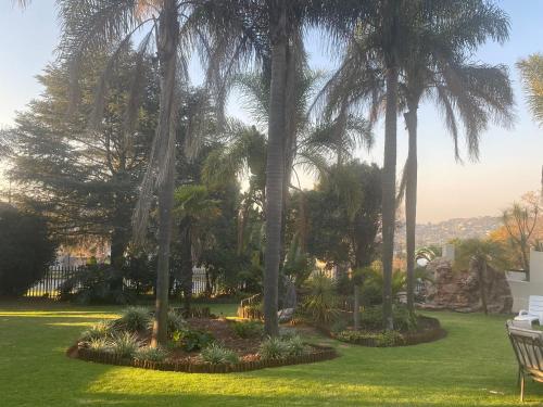 a park with palm trees and a bench at Safari Apartments -Beautiful 3 bedrooms, 10-seater dining , TV room, Garden & Pool in Johannesburg