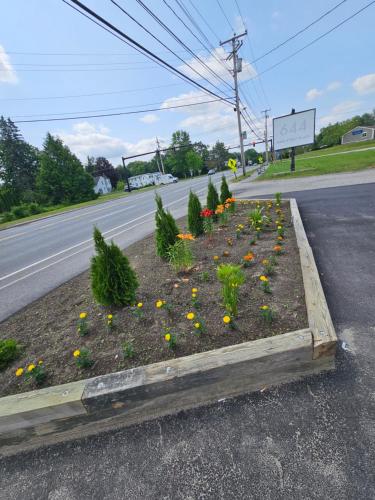 un jardín de flores al lado de una carretera en Vacation Inn, en Saco