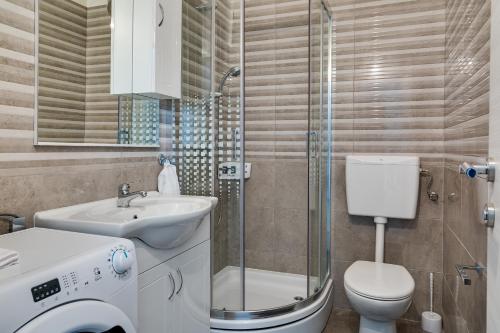 uma casa de banho com um chuveiro, um WC e um lavatório. em Apartment Miruna s bazenom em Donje Raštane