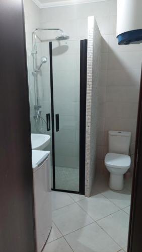 een badkamer met een douche, een toilet en een wastafel bij Appartement résidence lilia al jabal M'diq in M'diq