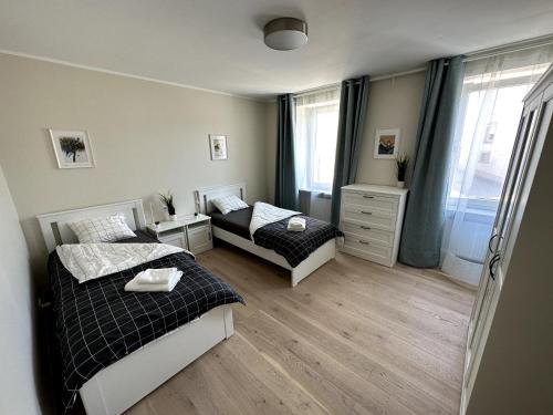 的住宿－Deluxe Double Rooms Helfant Luxembourg，一间卧室设有两张床和窗户。