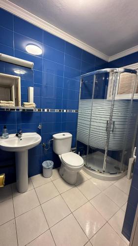 a bathroom with a toilet and a shower and a sink at Casa Rica in Puerto Rico de Gran Canaria
