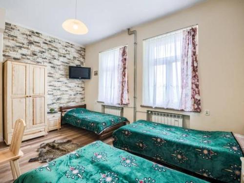 ザコパネにあるWilla Wiktoriaの緑色のベッド2台とテレビが備わる客室です。