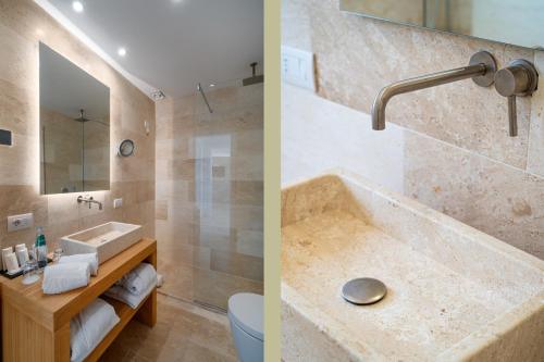 2 fotografias de uma casa de banho com um lavatório e uma banheira em La Coluccia em Santa Teresa Gallura