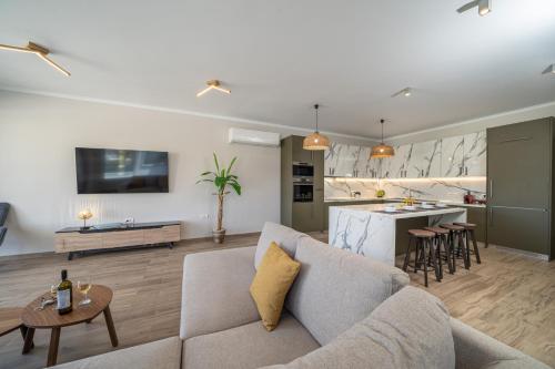 sala de estar con sofá y cocina en Maria Seaside Apartment en Sami