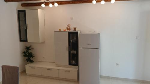 a kitchen with a white refrigerator in a room at Apartment Dinka in Kornić