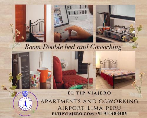 un collage de fotos de una habitación con cama y esmeralda en Apartment Near to Lima Airport Perú , El Tip Viajero, en Lima
