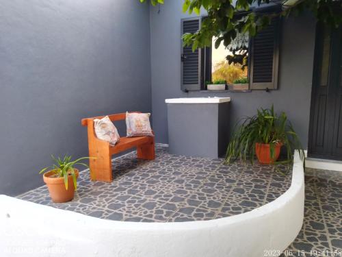 a patio with a chair and some potted plants at Quinta da Maria in Horta
