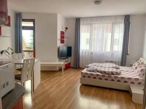 1 dormitorio con cama, escritorio y mesa en Cozy Rila Park Apartments en Borovets