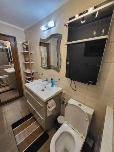 łazienka z toaletą, umywalką i telewizorem w obiekcie Casa Laura&Florin w Konstancy