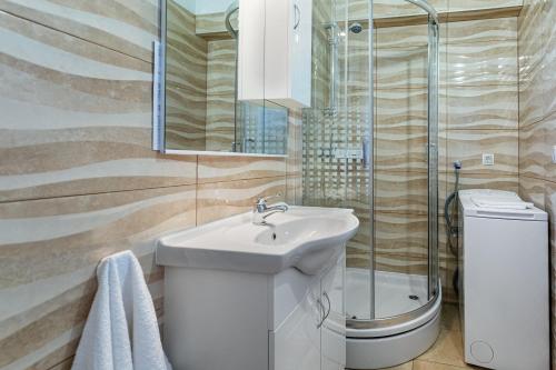a bathroom with a sink and a shower at Apartman David s bazenom i jakuzijem in Podušje