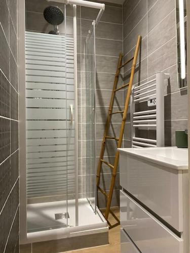 une douche en verre dans une salle de bain avec un lavabo dans l'établissement Le Marrakech Appart' T1 au centre du Mans, au Mans