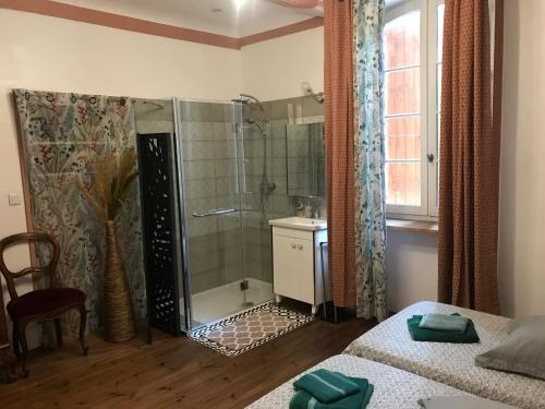 une salle de bain avec une douche, un lit et un lavabo dans l'établissement domaine des CHABRIERS, à Ourches