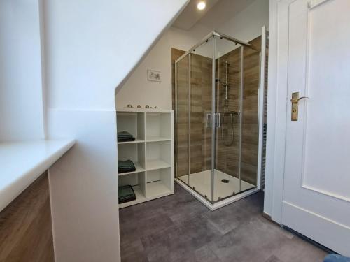 ein Bad mit einer ebenerdigen Dusche und einem begehbaren Kleiderschrank in der Unterkunft Ferienhaus Mandelbäumchen in Barth