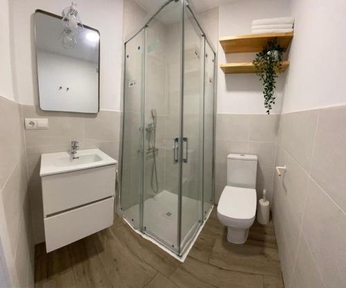 a bathroom with a shower and a toilet and a sink at Apartamento Playa Oliva Deluxe in Oliva