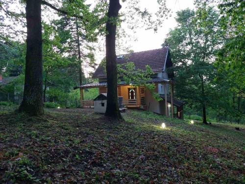 una casa en medio de un bosque con árboles en Vikendica u šumi - Kosmaj, en Sopot