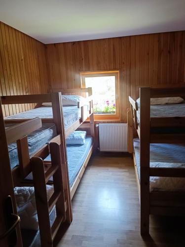 a room with several bunk beds in a room with a window at Valvasorjev dom pod Stolom in Žirovnica