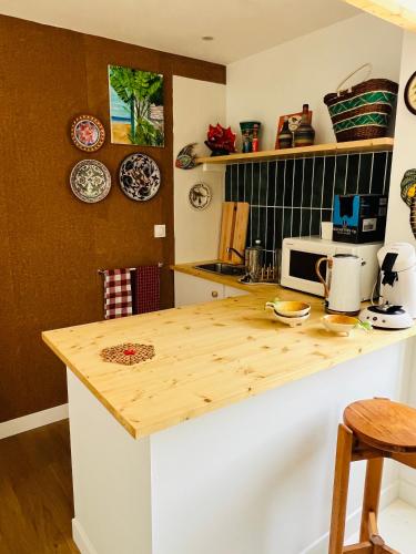 cocina con encimera de madera y microondas en Coco bay 2, en Saint-Benoît-des-Ondes