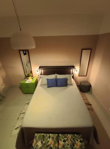 1 dormitorio con 1 cama grande y 2 almohadas azules en Melhor ponto de Bonito en Bonito