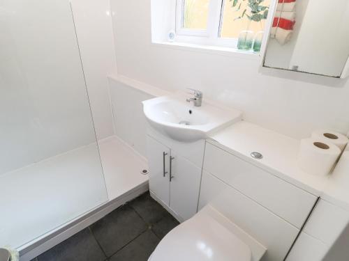 a white bathroom with a sink and a toilet at Bridge Cottage in Haltwhistle