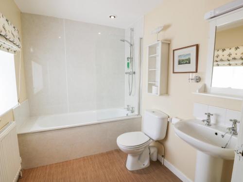 a white bathroom with a toilet and a sink at The Mews Flat in Dalswinton