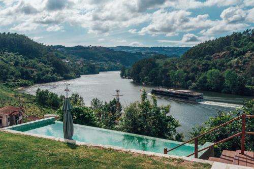 a swimming pool with a view of a river at Costeira Douro in Castelo de Paiva