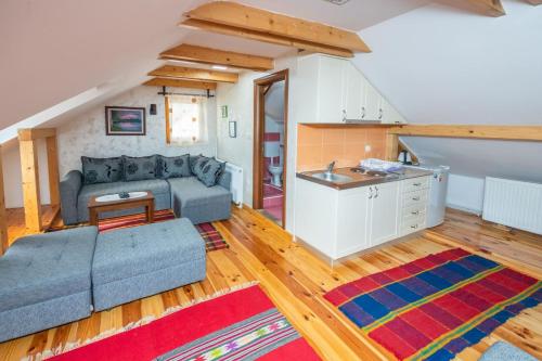 a living room with a couch and a kitchen at Guesthouse Sandra in Kolašin