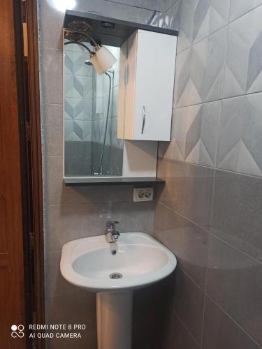 een badkamer met een witte wastafel en een spiegel bij Самгори in Tbilisi City