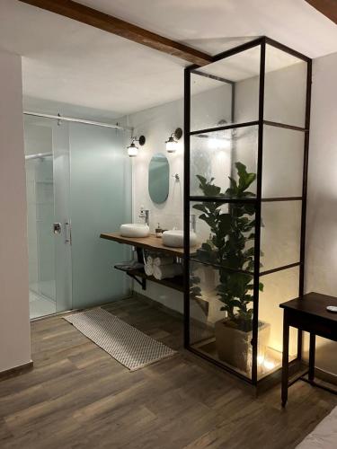 a bathroom with a shower and a sink and a mirror at Vila Adega Maravilha in São Roque