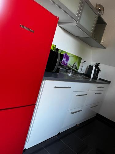 a kitchen with a red refrigerator next to a sink at Papenburger Gästehaus in Papenburg