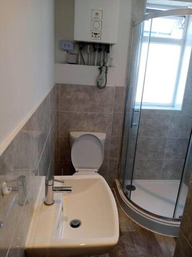 a bathroom with a toilet and a shower and a sink at Double-bed (G2) close to Burnley city centre in Burnley