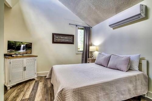 um quarto com uma cama e uma televisão em Gatlinburg Mountain Townhome with Pool Access! em Gatlinburg