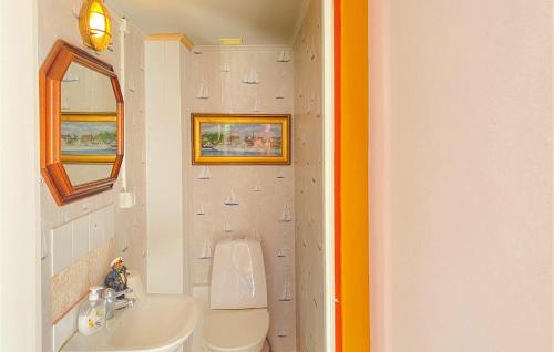 a bathroom with a sink and a toilet and a mirror at 2 Bedroom Amazing Home In Gotland 