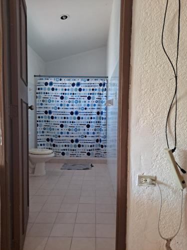 a bathroom with a toilet and a shower with blue tiles at La casa de yoyi in Mérida