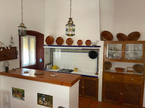a kitchen with a counter and a counter top at Cortijo Huerta Galindo in Alanís