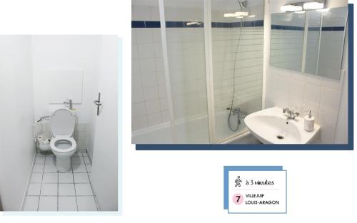 - deux photos d'une salle de bains avec toilettes et lavabo dans l'établissement Cosy bedroom in ideal apartment, à Villejuif